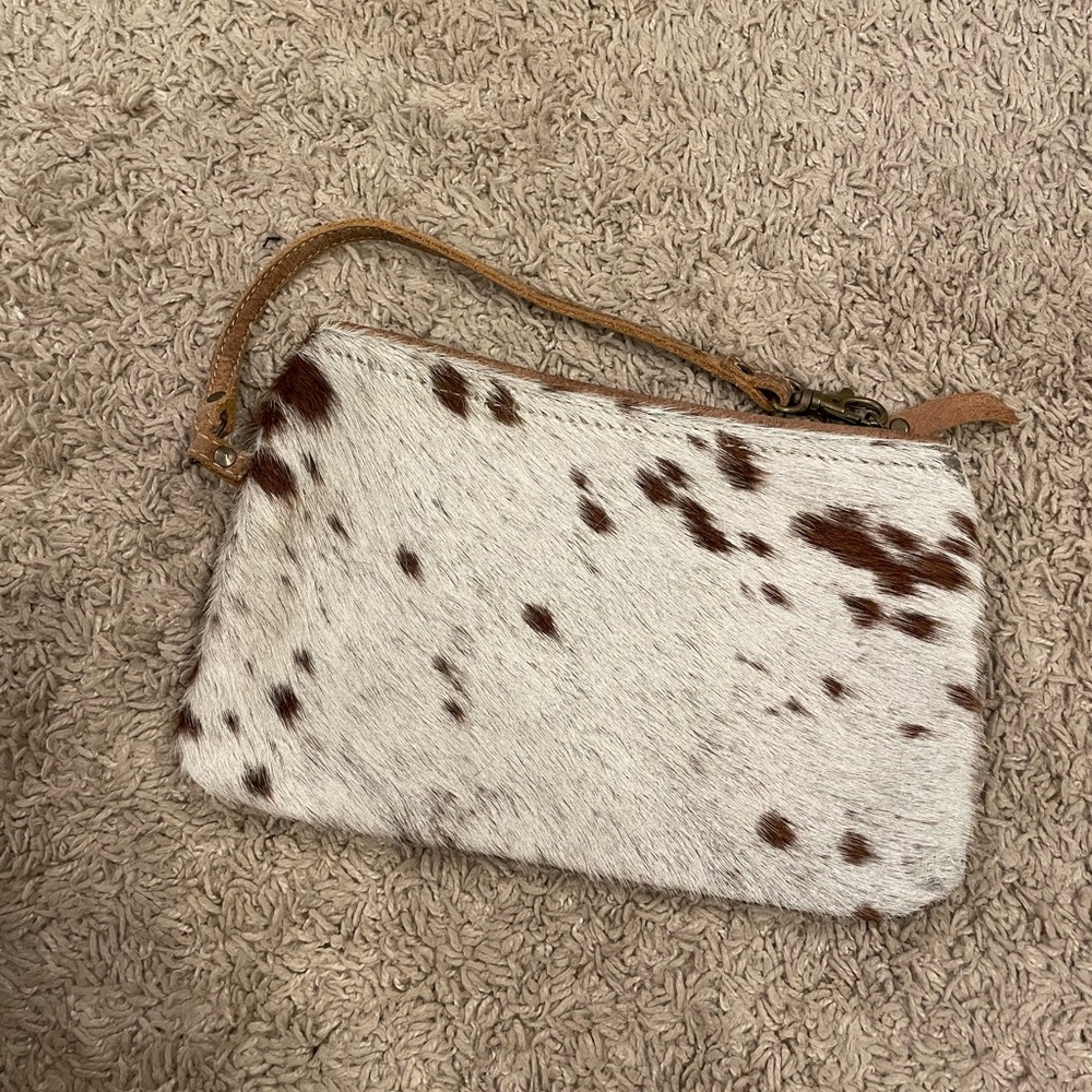 Myra Bag Brown and White Cowhide Clutch
